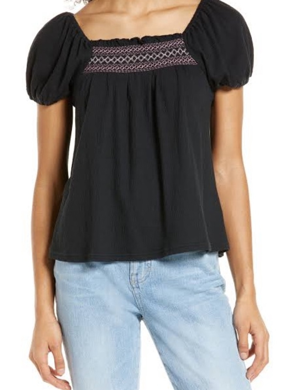 Smocked Square-Neck Puff Sleeve Top - Black